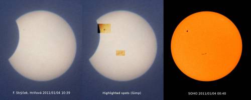 Slnečné škvrny počas zatmenia porovnané so snímkom SOHO